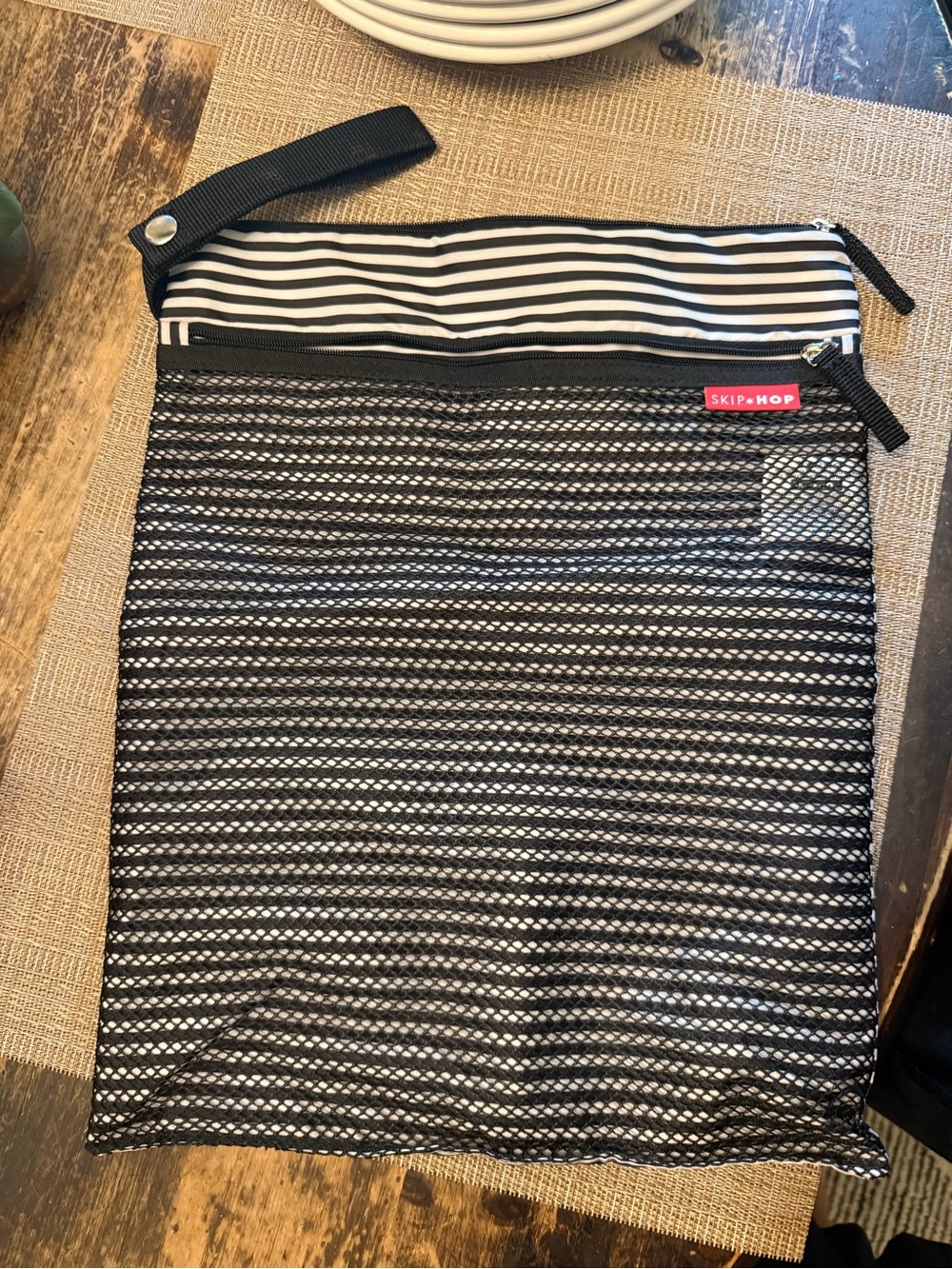 Skip Hop Black & White Striped Mesh wet/dry diaper bag